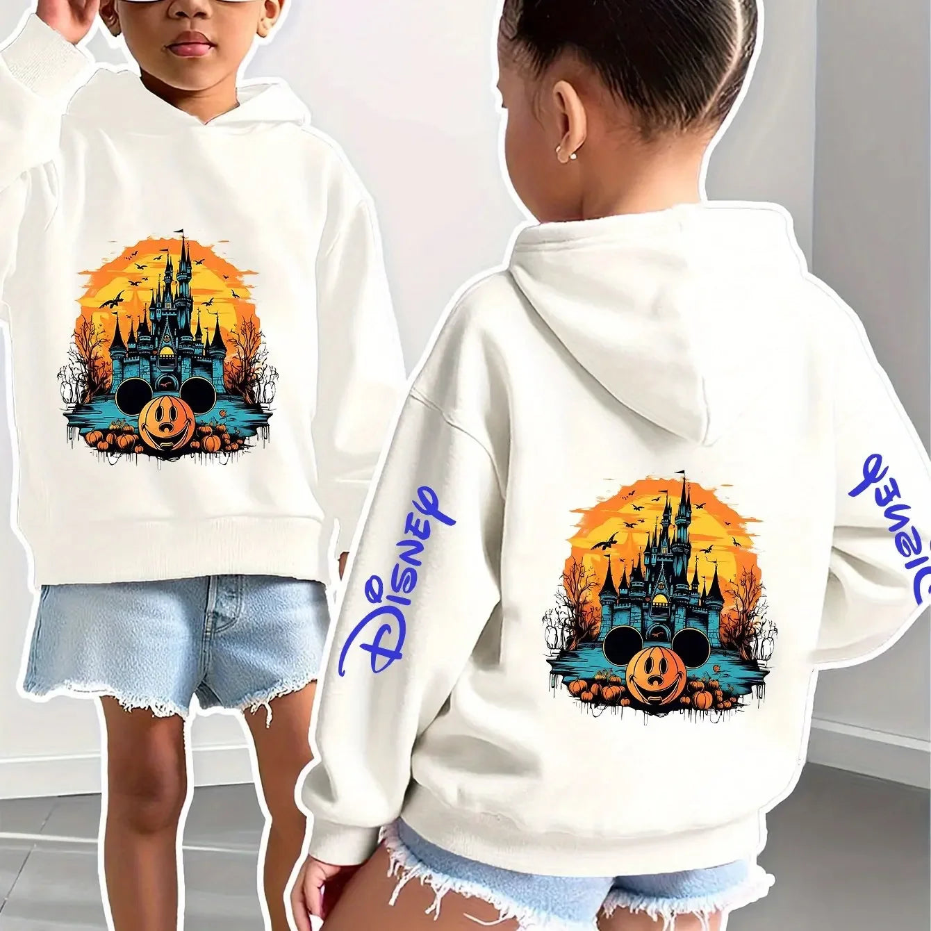 Disney Girls and Boys Halloween Casual Hooded Double-sided Printed Mickey Halloween Children's Hoodie.
