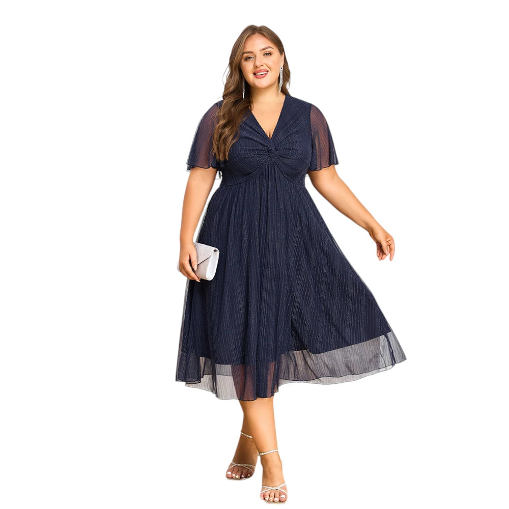 Plus Size Women's V-Neck Solid Elegant Evening Party Dress.