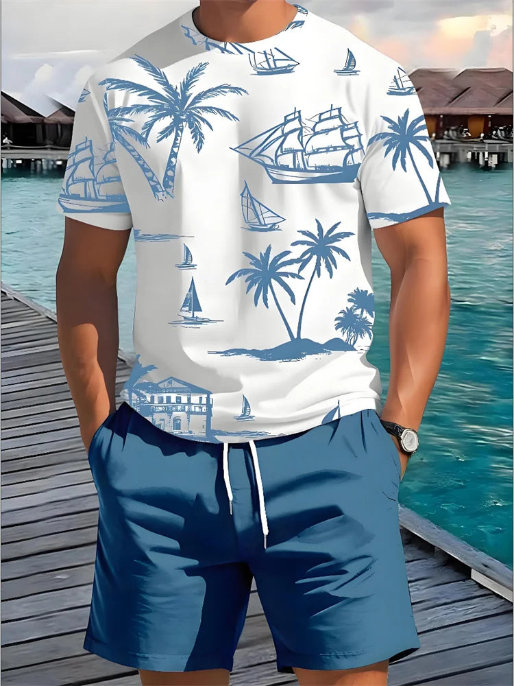 Summer 2 Piece Casual Everyday Men's Short Sleeve Shorts Set Hawaiian Print Men's Beach Shorts Sets.  XS-6X