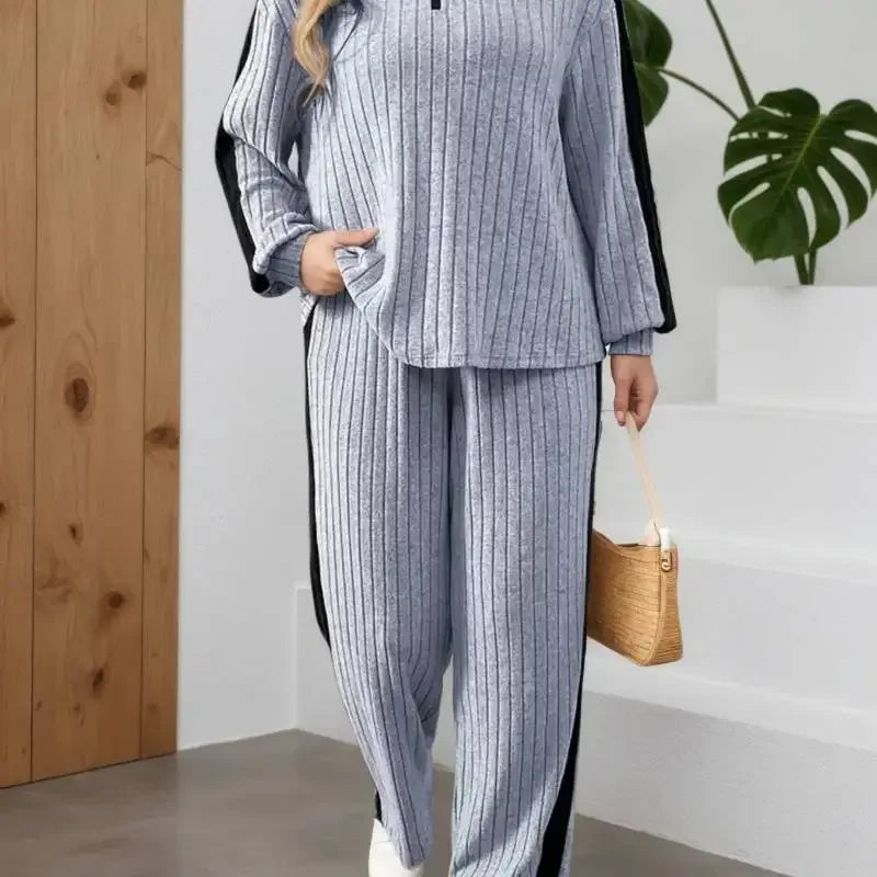 Women's 2-Piece Casual Suit Set - Zipper Collar Top & Wide-Leg Pants