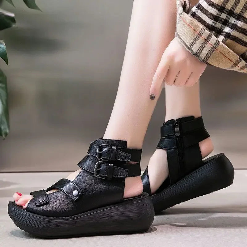 Sandals Summer 2025 Mid Heeled Wedges for Women, Retro Leather Gladiator Sandals