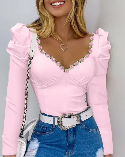 Spring New Fashion Casual Sexy Pullover Tops Floral Pattern Puff Sleeve Top