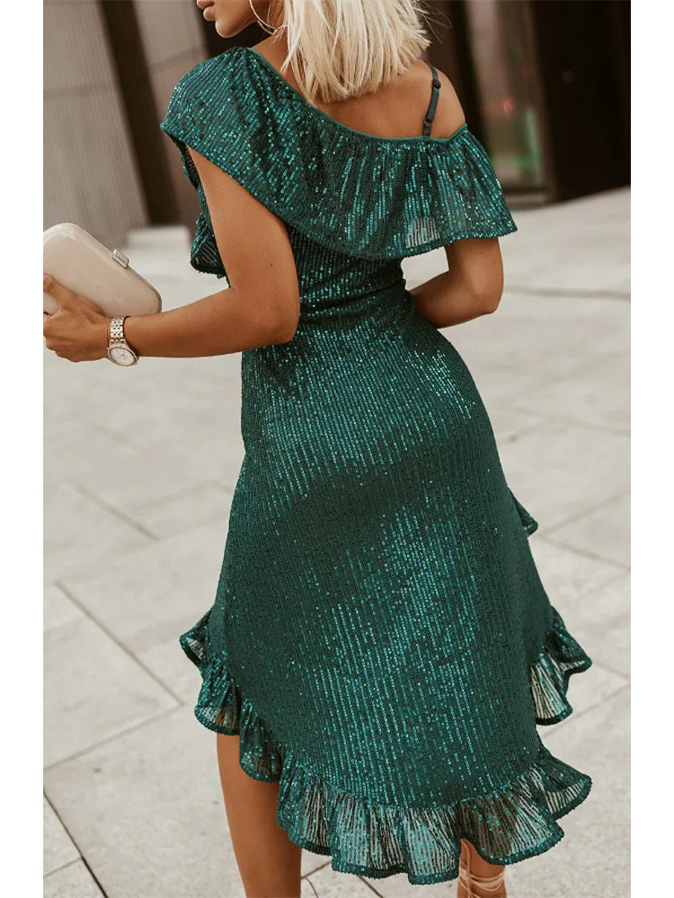 Plus Size Women's Slim Fit Green Off Shoulder Sequin Dress Ruffle Irregular Hem Summer Sexy Party Dress.