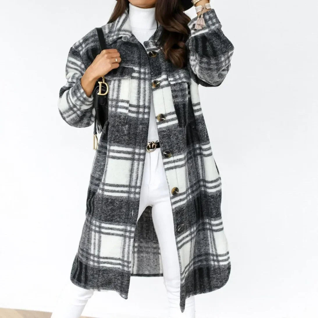 Single Breasted Fashion Long Plaid Overcoat .  S-3X