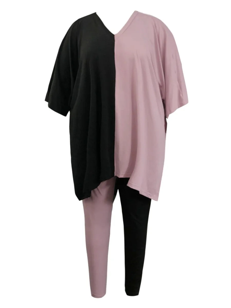 Plus Size V Neck Side Split Patchwork Pants Set Casual Short Sleeve Two Piece Outfit