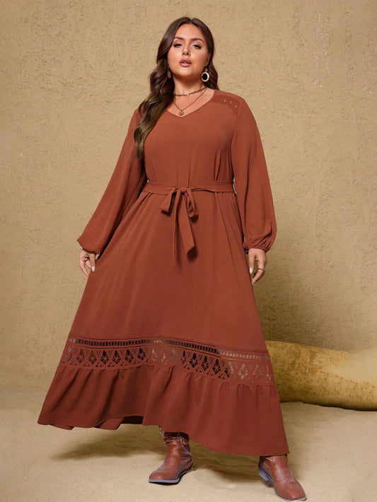 Plus Size Brown Lace Maxi Dress - V-Neck Belted A-Line Gown