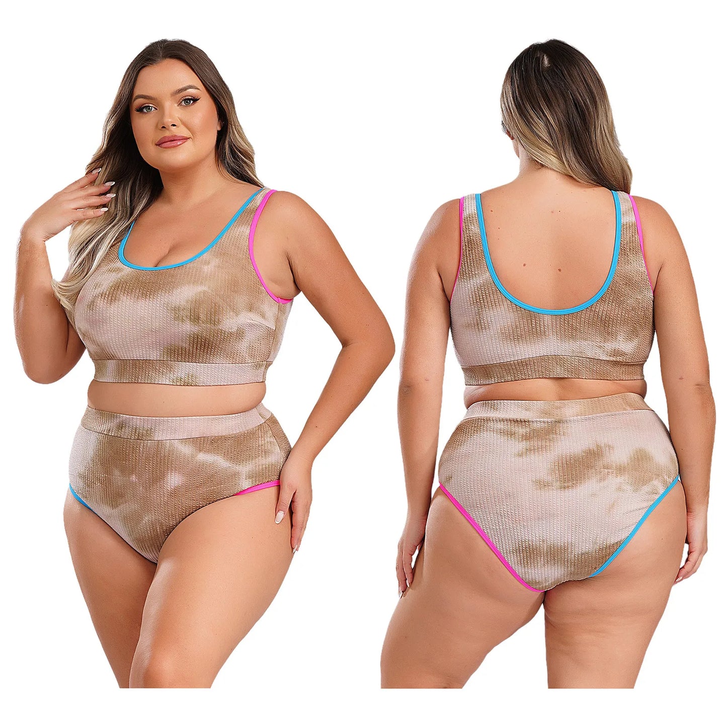 Womens Plus Size Sporty Swimsuit Two Pieces U Neck High Waisted Tankini Set Color Contrast Beach Swimming Bathing Suit Swimwear