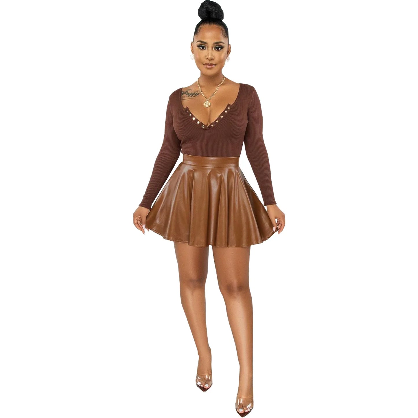 Summer Sexy Fashion Casual Solid Colour Pu Leather Swing Mini Skirt Pleated