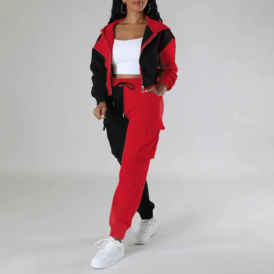 Women Loose Two Piece Matching Set Zip- Up Hoodie And Drawstring Cargo Pants Suit.  S-2x