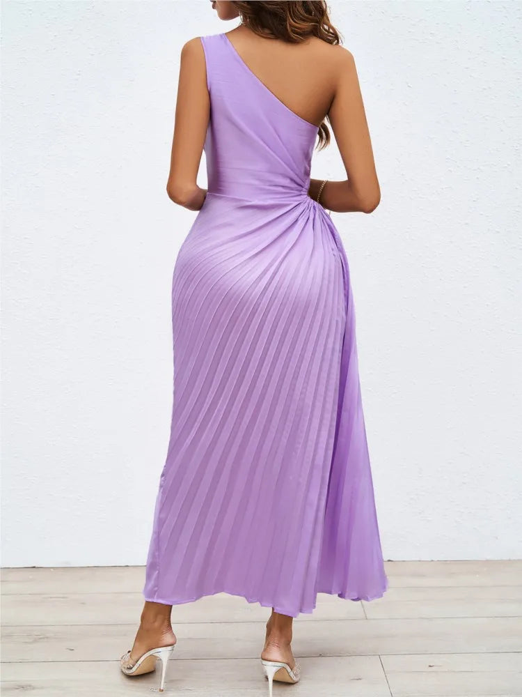 Women's Fashion One-shoulder Slant Neck Line, Pleat Hollow Out Dress Elegant Evening Dress Wedding .