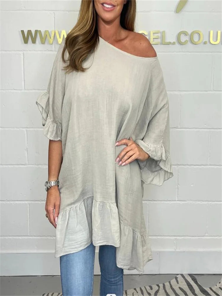 Plus-size women's Blouse ruffled fashion elegant bat sleeve loose solid colour.  L-5X