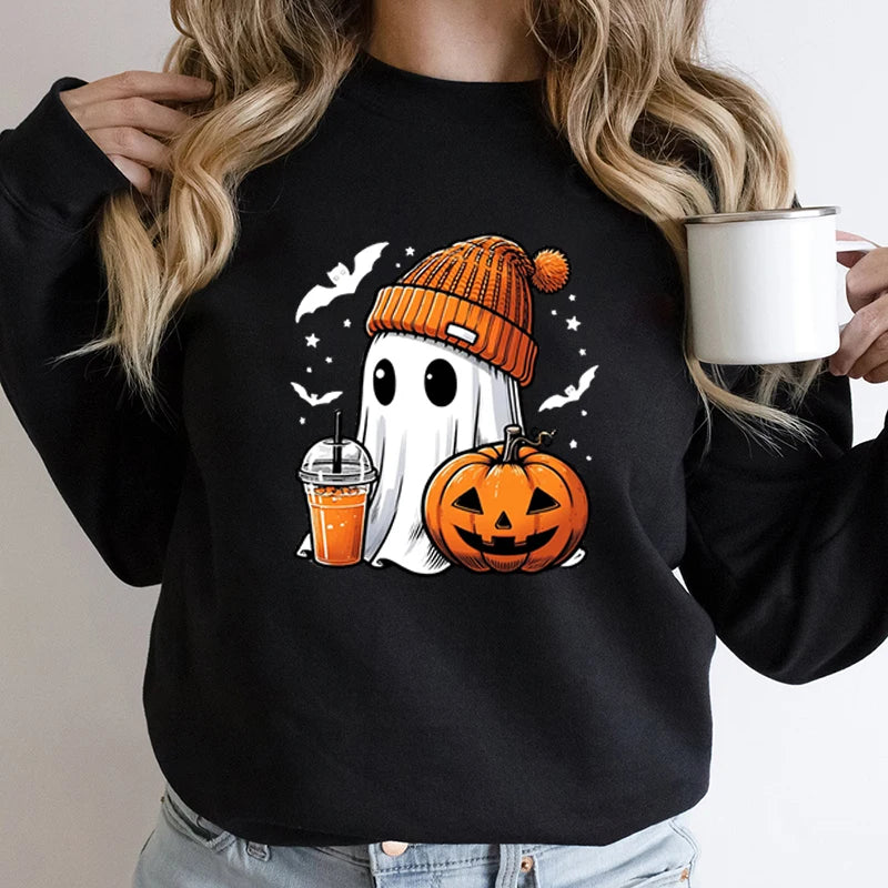 Unisex Fashion Halloween Ghost Pumpkin Bat Print Pullover Ladies Long Sleeve Halloween Sweatshirts.   S-2X