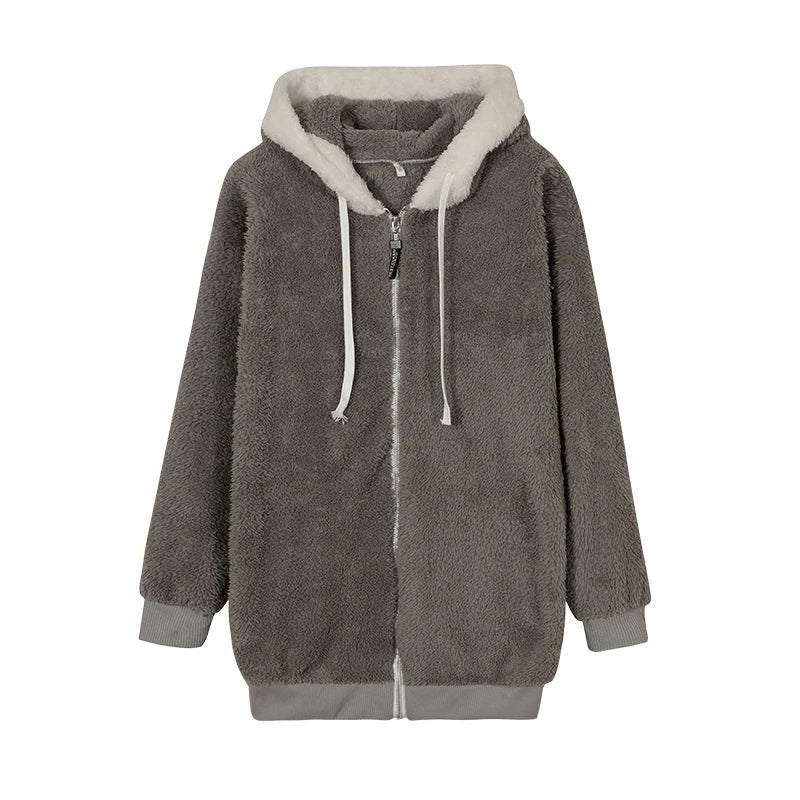 New Style Autumn And Winter Loose Plush Zipper Hooded Jacket Woman.  S-5X