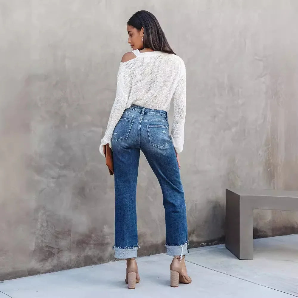 Women Straight Ripped Ankle Length Denim Jeans High Waist Pocket Button Pants.  S-XL