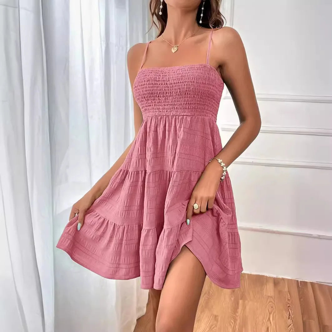 Boho Sundress Women Sexy Sleeveless Backless Swing Dress Solid Spaghetti Strap Dress.  S-2X