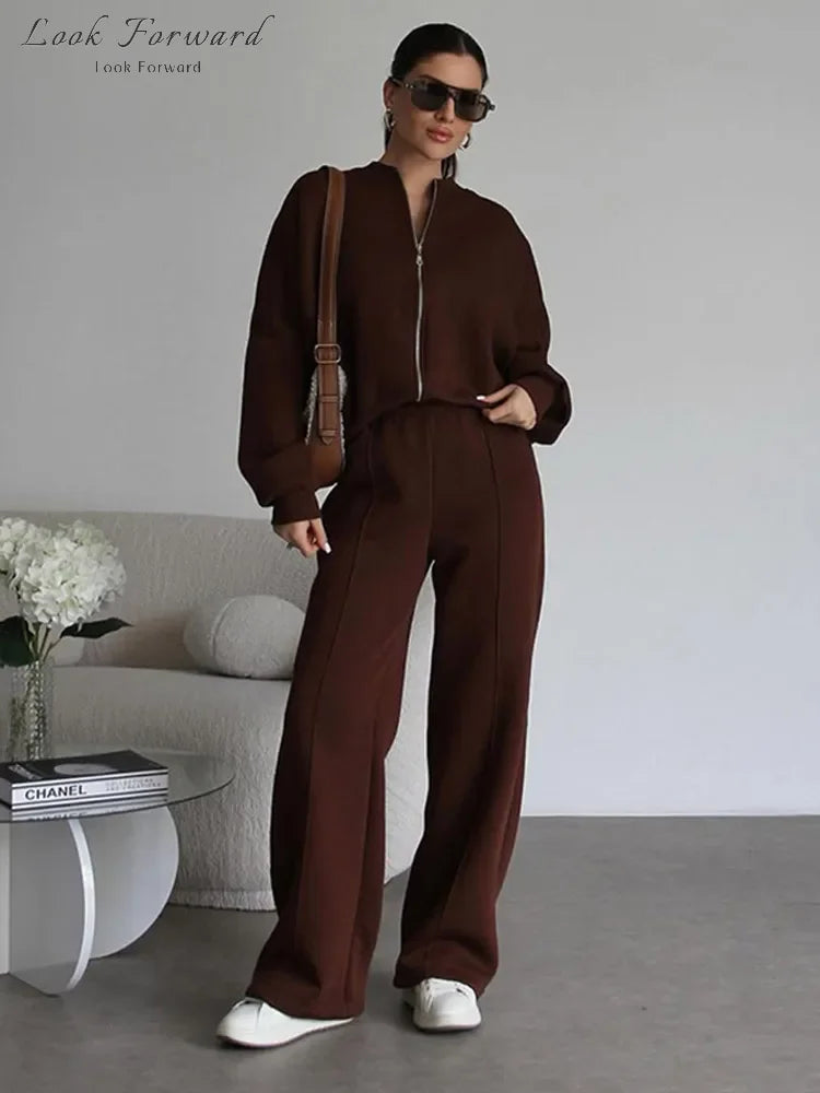 Casual Pants Set Women Spring Autumn Zip Up Jacket Loose Elastic Waist Trousers Suit.