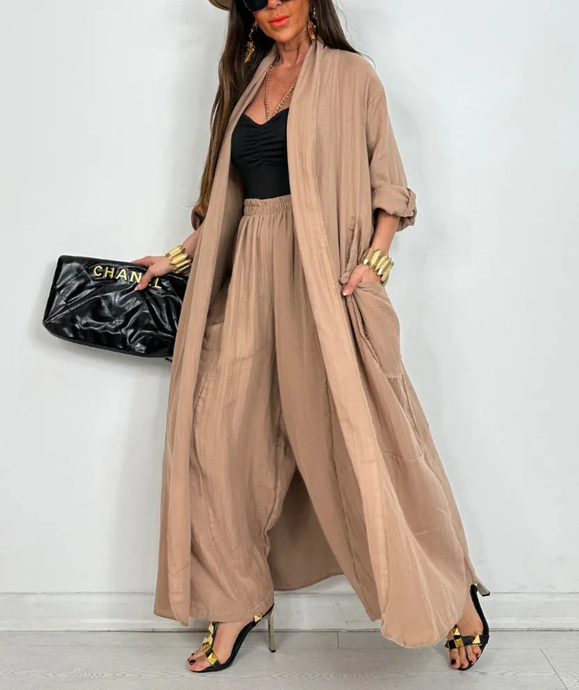 Women Solid Lazy Style 2-Piece Set Cardigan Long Sleeve Shirt+ Wide Leg Pant Suit Elegant two Piece.  S-3X