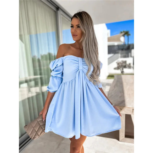 Summer Women's Sexy Off Shoulder Half Sleeve Party Dress Slim Bow Dress.  S-3X