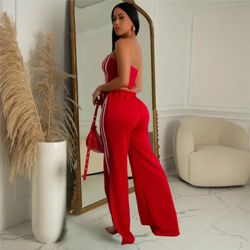 Women's Sexy Sleeveless Wide-leg Pants Two-piece Summer New Female Casual Solid Color Striped Top Long Pant Suit 2025.  S-2x