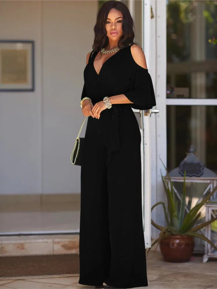 Spring Summer Solid Color Women Sexy Deep V Neck Short Sleeve Rompers Fashion Slim Fit Lace Up Elegant Female Wide Leg Jumpsuit.  S-2X