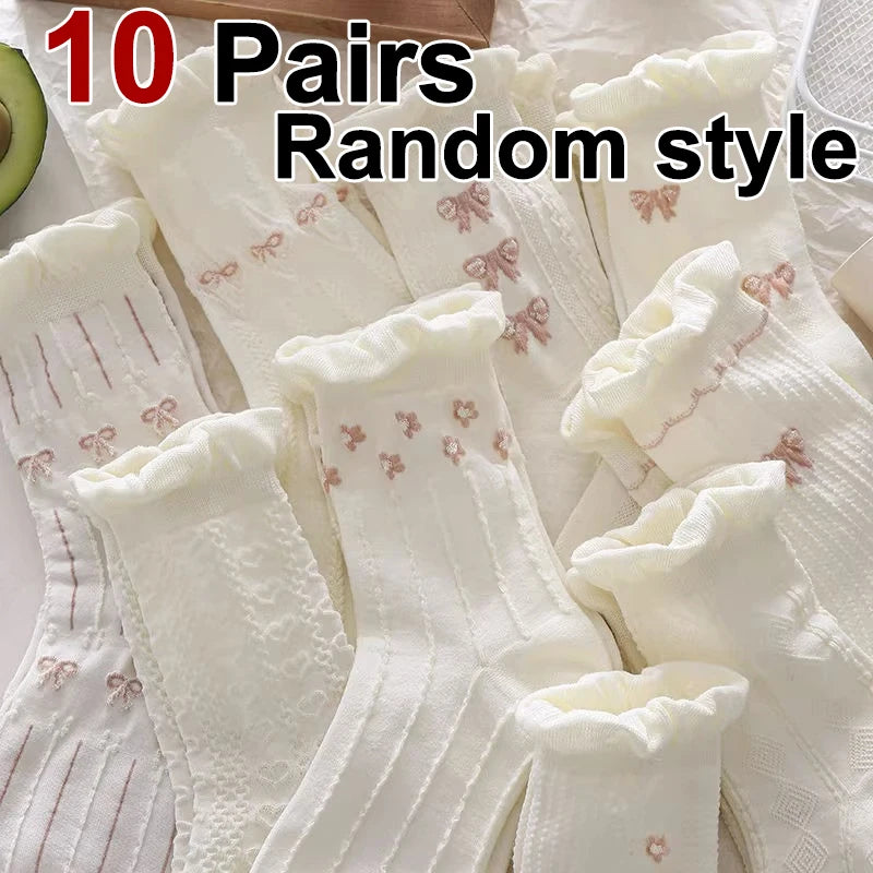 5/10 Pairs Women Lolita Style Mid Tube Socks Fashionable Bow and Small Flower Pattern Spring Summer Cute Sweet Casual Socks