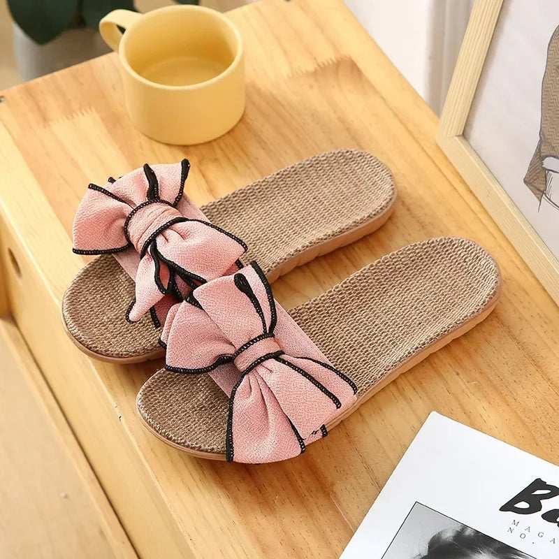 Women Summer Casual  High Quality Breathable Slides Comfortable Flax Slippers Striped Bow Linen Flip Flops.