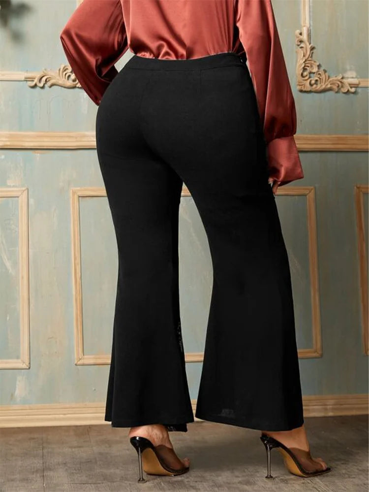 Plus Size Casual Black High Waist Lace Flare Leggings Sexy Vintage Women Pants