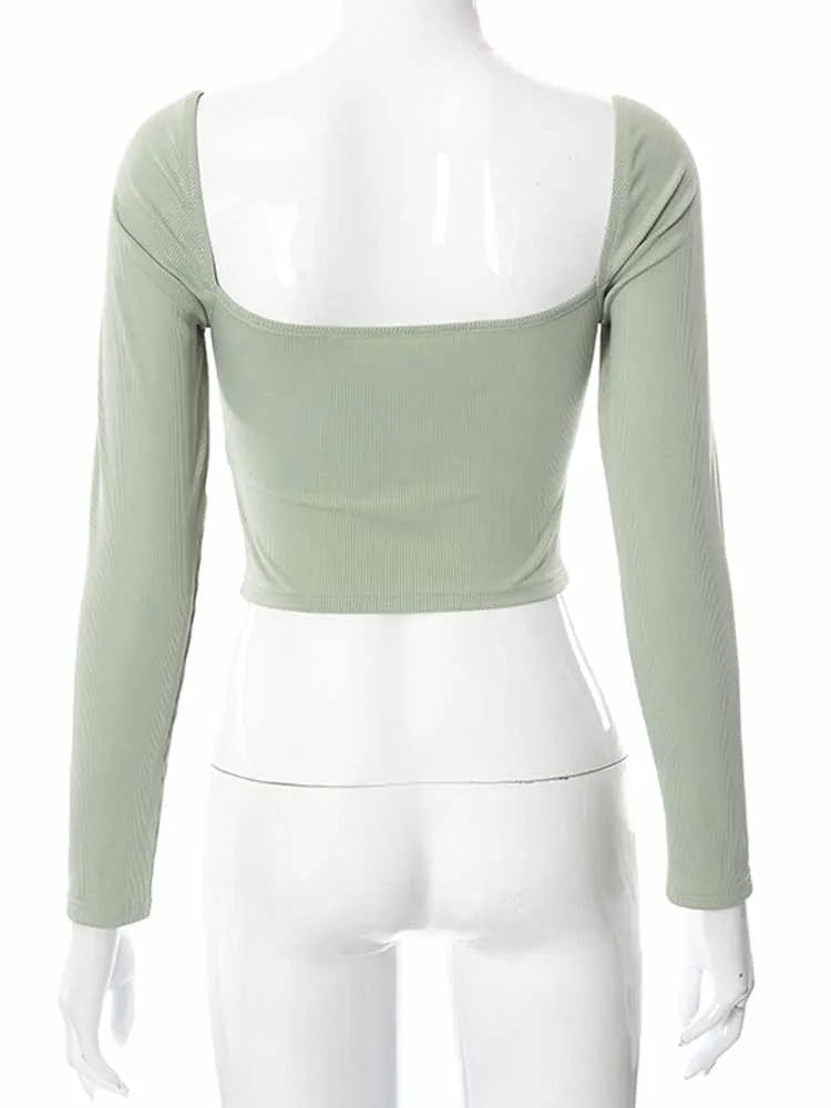 Hollow-Out Long Sleeve Crop Top Spring Fall Casual Fashion Slim Ribbed Backless