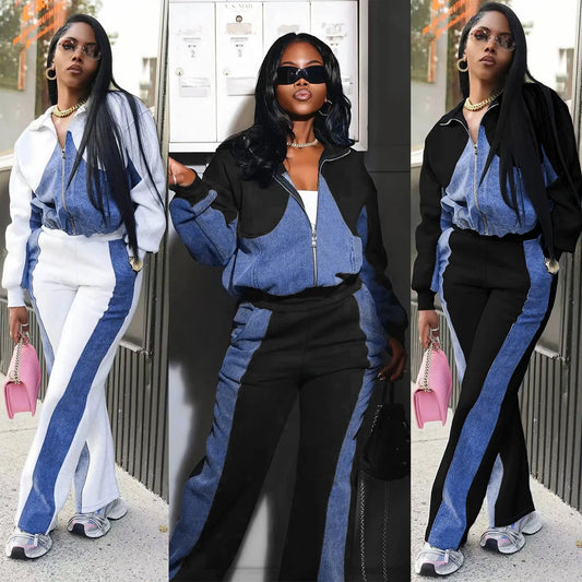 Women Two Piece Denim Matching Zip Up Jacket & Long Pants High Elastic Waist Casual Tracksuit.  S-2XL