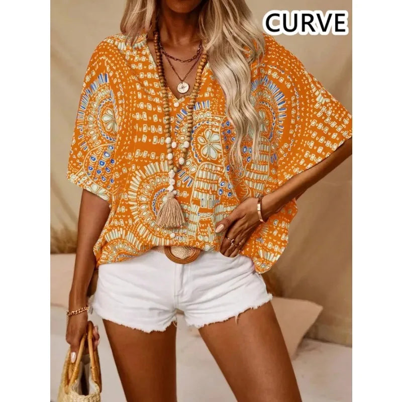 Plus Size 1XL-5XL Women's Fashion Print V-Neck Bat-wing Sleeve Blouse Casual Short Sleeve Summer Shirt.