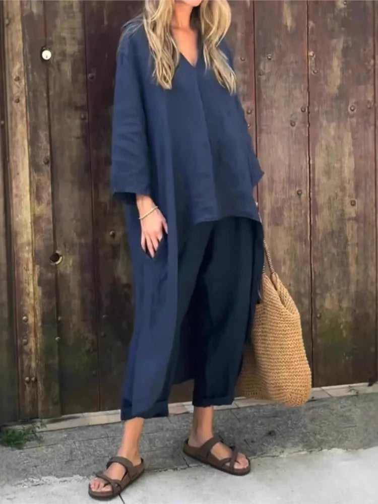 New Women's Pocket V-neck 2-piece Set Solid Loose Casual Women's Clothing Fashion Elegant Two Piece Outfits Woman.  S-3X