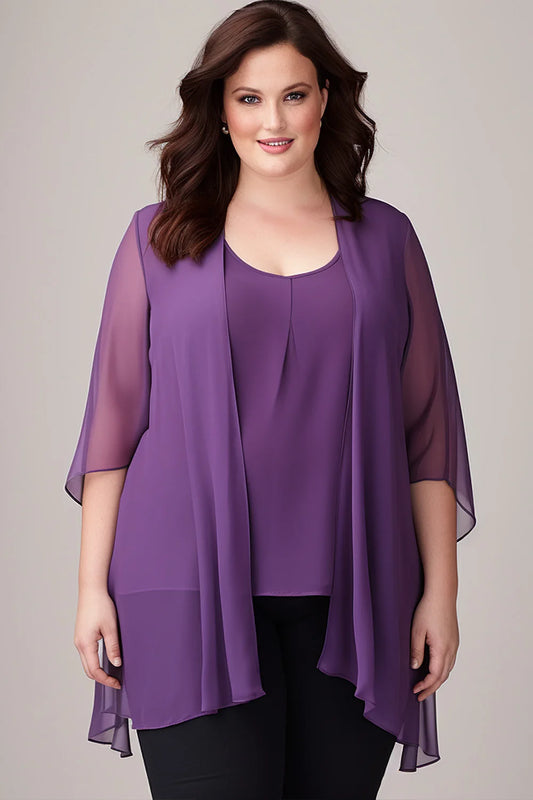 Plus Size Purple Chiffon Half Sleeve Two Pieces Blouse for Women Dressy Casual
