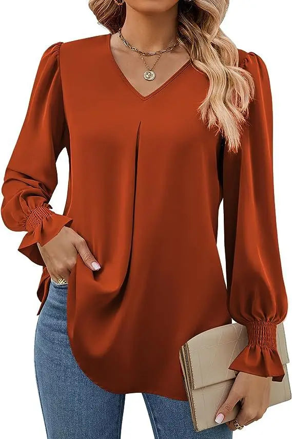 Women's Solid Colour Chiffon Shirt V-neck Long Sleeved Top Elegant Loose Blouse.  S-2X