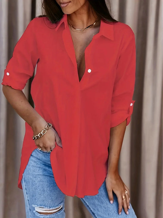 Plus Size Formal Shirt Plain Long Sleeve Turn Down Collar Button Up Shirt