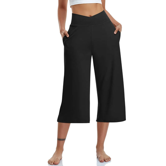 Spring and Summer Women Elastic High Waist 3/4 Pant Solid Casual Active Fit Wide Capri Leg Trousers With Pockets.  S-3X