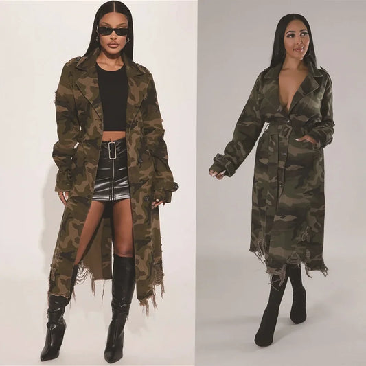 Camouflage Ripped Trench Style Jacket Sashes Single Breasted 2025 Women Street-wear Jacket.  S-2X