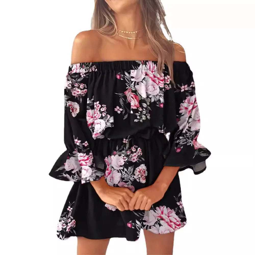 Sexy Neck Long Flare Sleeve Floral Print Mini Summer Boho Style Dress.  S-3x