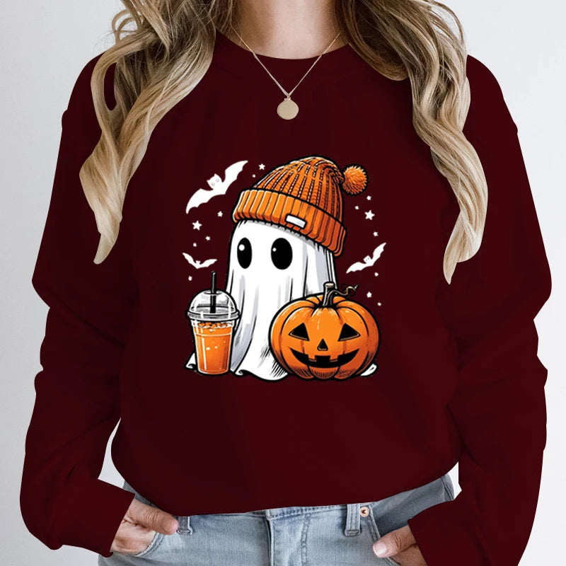 Unisex Fashion Halloween Ghost Pumpkin Bat Print Pullover Ladies Long Sleeve Halloween Sweatshirts.   S-2X