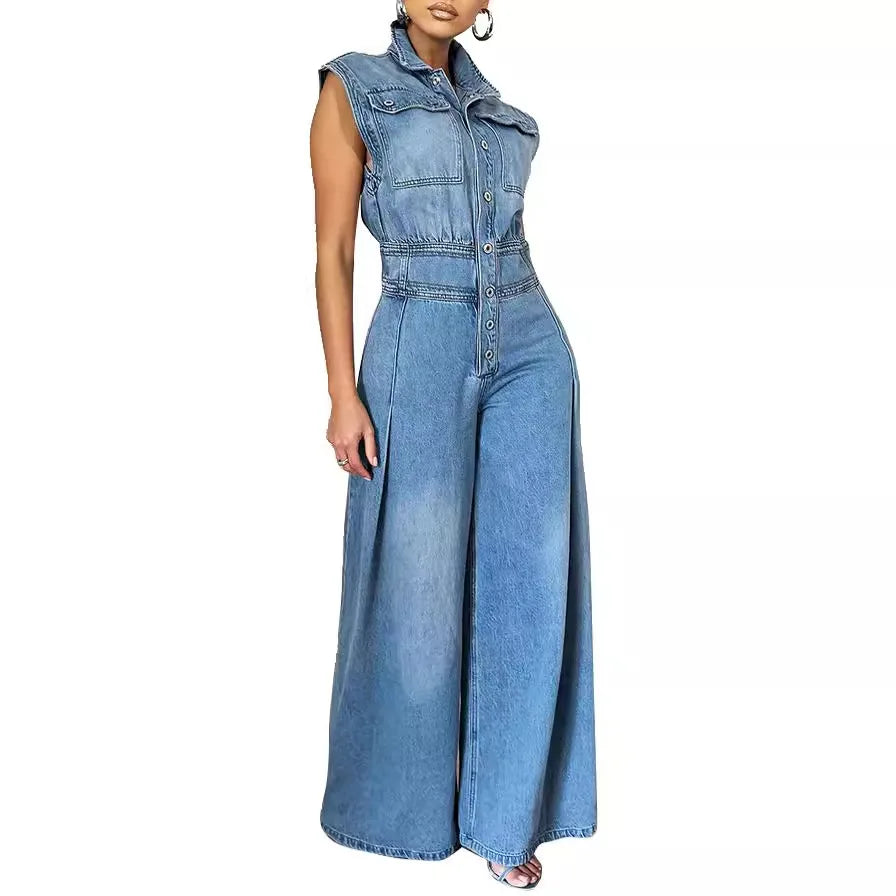 Women One Piece Denim Jeans Sleeveless High Waist Turn Down Collar Wide Leg Long Pants Romper Suit.  S-XXL