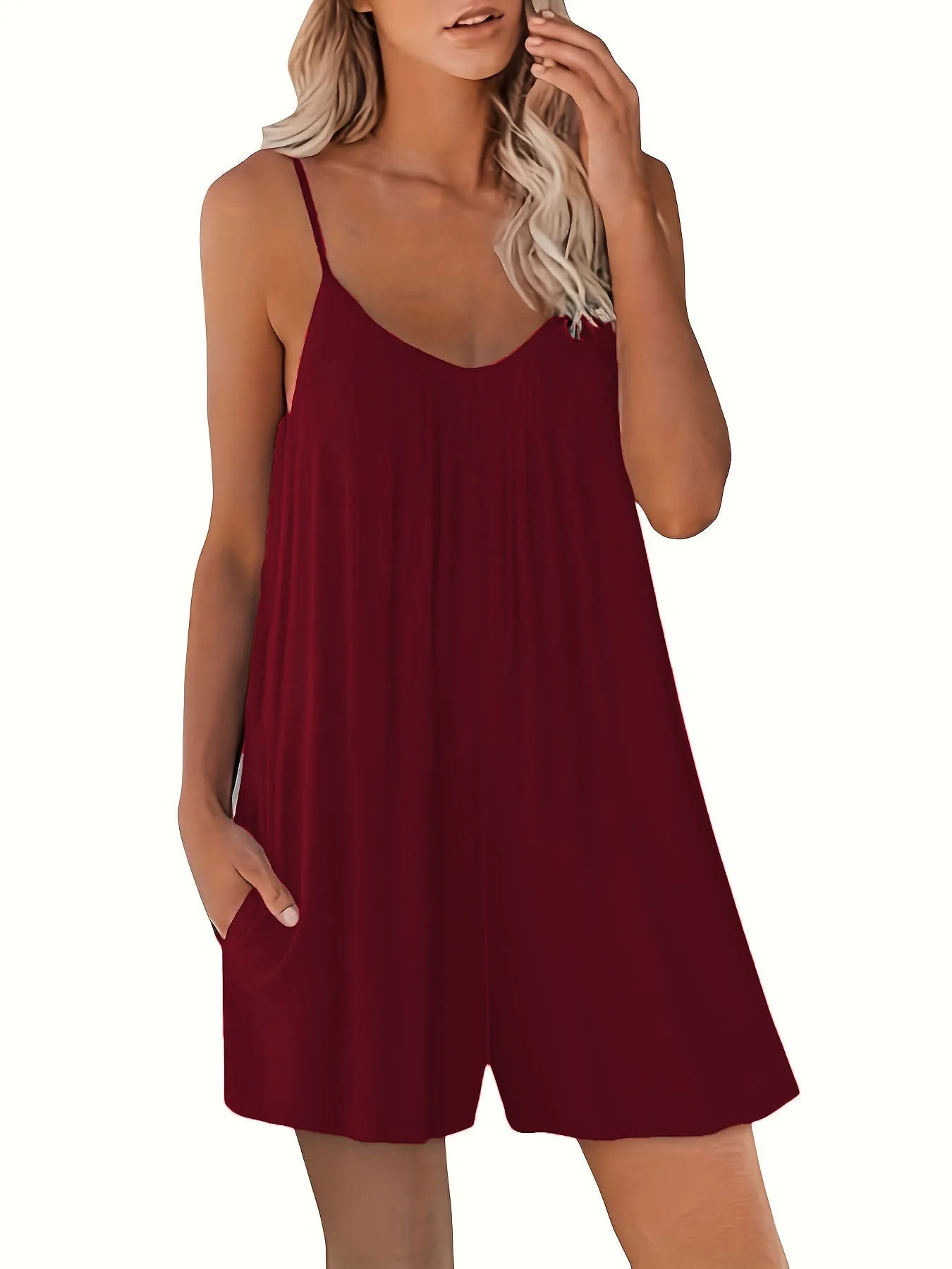 New European Women's Casual Solid Round Neck Loose Pocket Romper.  S-3x