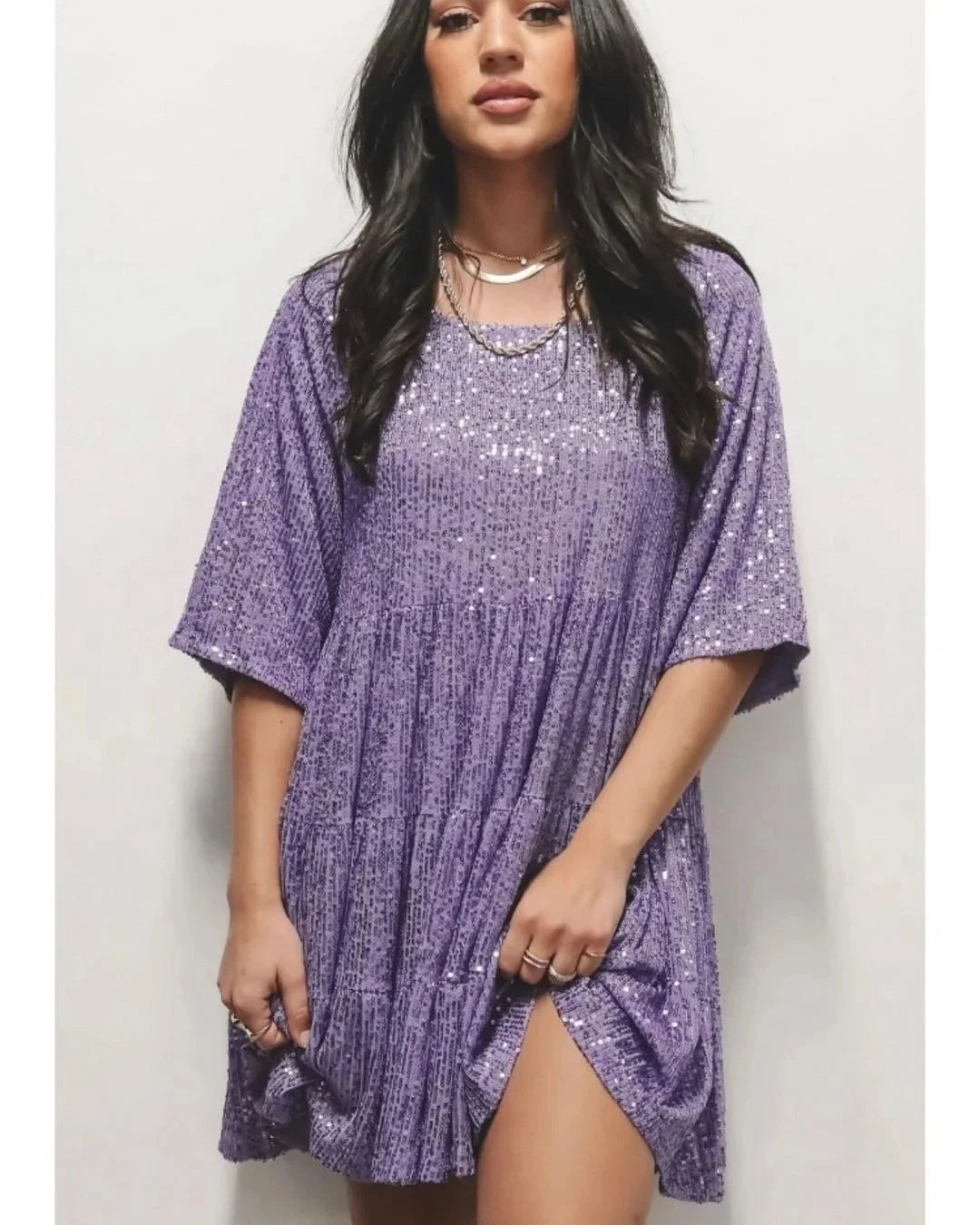 Fashionable Sequins Round Neck Loose-Fit Waist, Short Sleeves New Arrival European Style.  S-3X