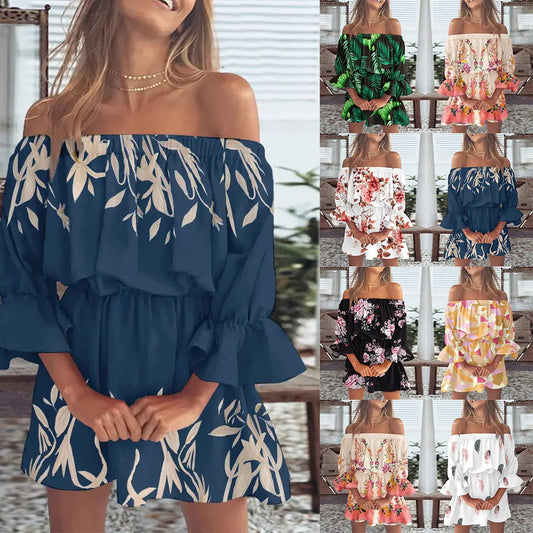 Sexy Neck Long Flare Sleeve Floral Print Mini Summer Boho Style Dress.  S-3x