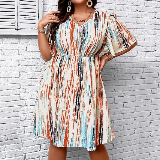 Plus Size Dress, Printed V-Neck Short-Sleeved Loose Fit, Elastic Waist, Casual Style Dress.  1X-5X