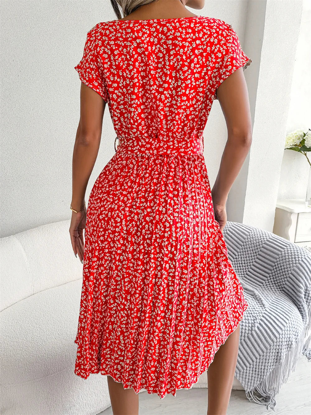 Women Spring Summer Short Sleeve High Waist Fashion Floral Pleated A Line Long Dress.  S-6X