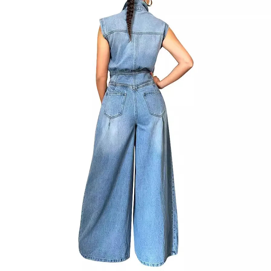Women One Piece Denim Jeans Sleeveless High Waist Turn Down Collar Wide Leg Long Pants Romper Suit.  S-XXL