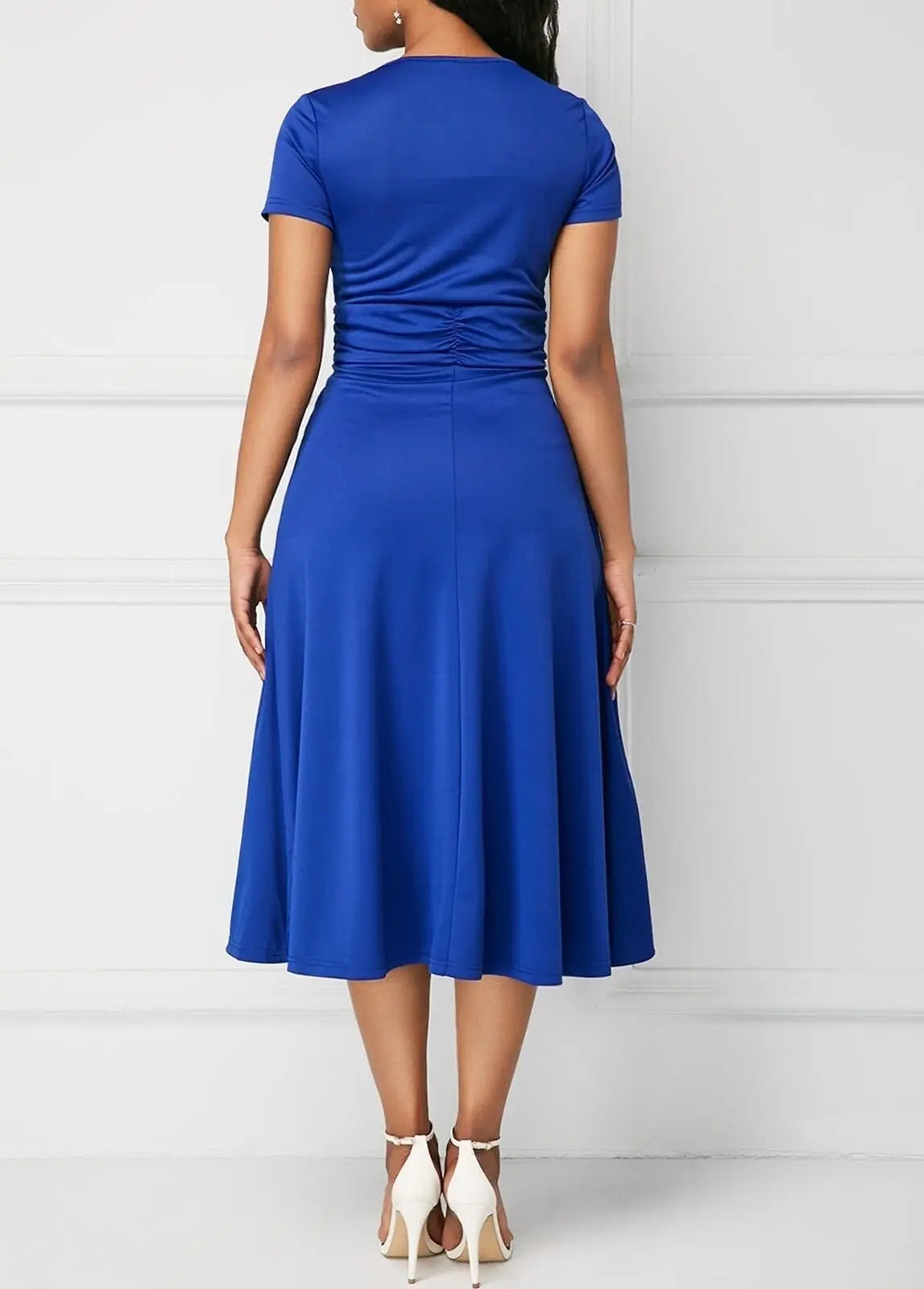 Elegant Women Solid Color Short Sleeve V Neck Asymmetric Hem Waist Tight Midi Party .  S-2X