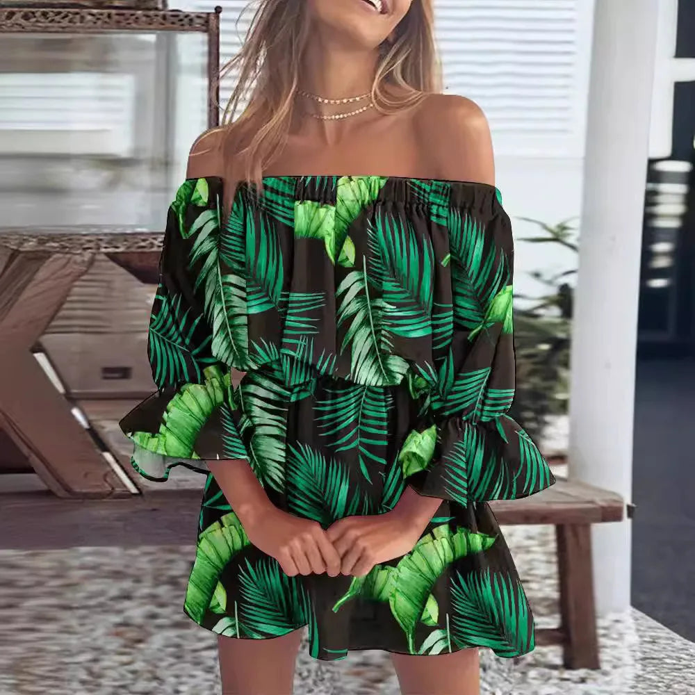 Sexy Neck Long Flare Sleeve Floral Print Mini Summer Boho Style Dress.  S-3x