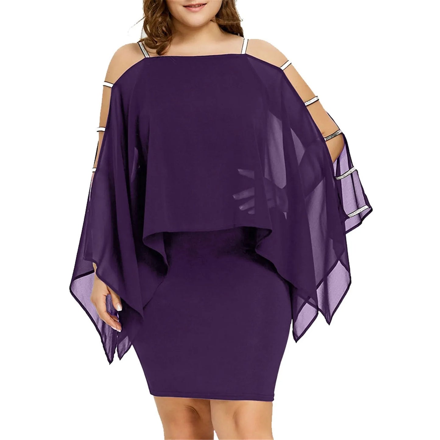 Womens Plus Size Ladder Cut Overlay Asymmetric Chiffon Mini Dress