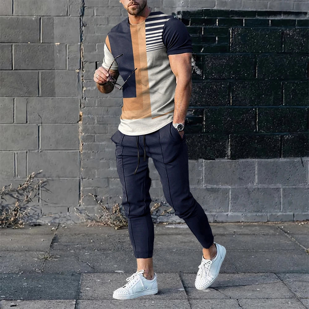 Men's 2 Piece Set Short Sleeve Sportswear Fashion Men's Clothing Trousers Casual O-Neck.  M-5X Tops Pants Suit.