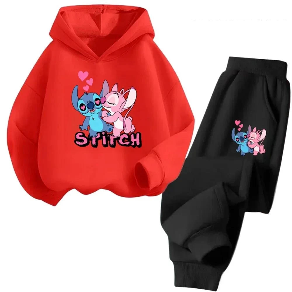 Kawaii Stitch Hoodie For Girls Casual Long-sleeves Sweatshirt+long Pants Sets for 2-13 Years Kids Autumn 2pcs Set Clothing